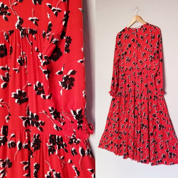 ZARA Angel Floral Tiered Midi Maxi Dress S Red Blogger Favorite Colorful Flowy - Picture 15 of 16